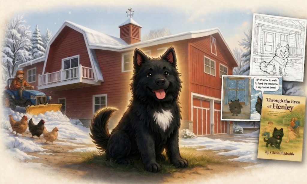 Henley the dog in a snowy Vermont farm scene with a red barn, a tractor, chickens, and the children's book "Through the Eyes of Henley.